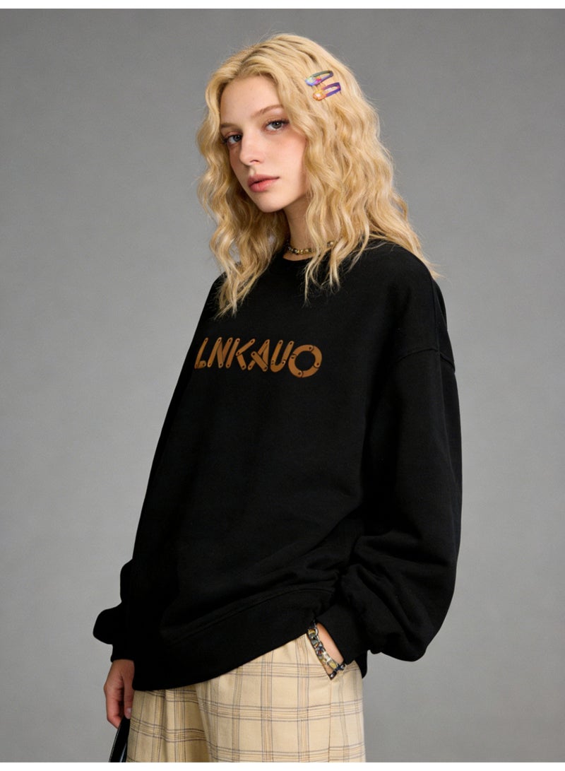 BM INS Black "LNKAUO" Industrial Letter Oversized Crew Neck Sweatshirt | Unisex Pullover With Rivet Detail Print - Image 5
